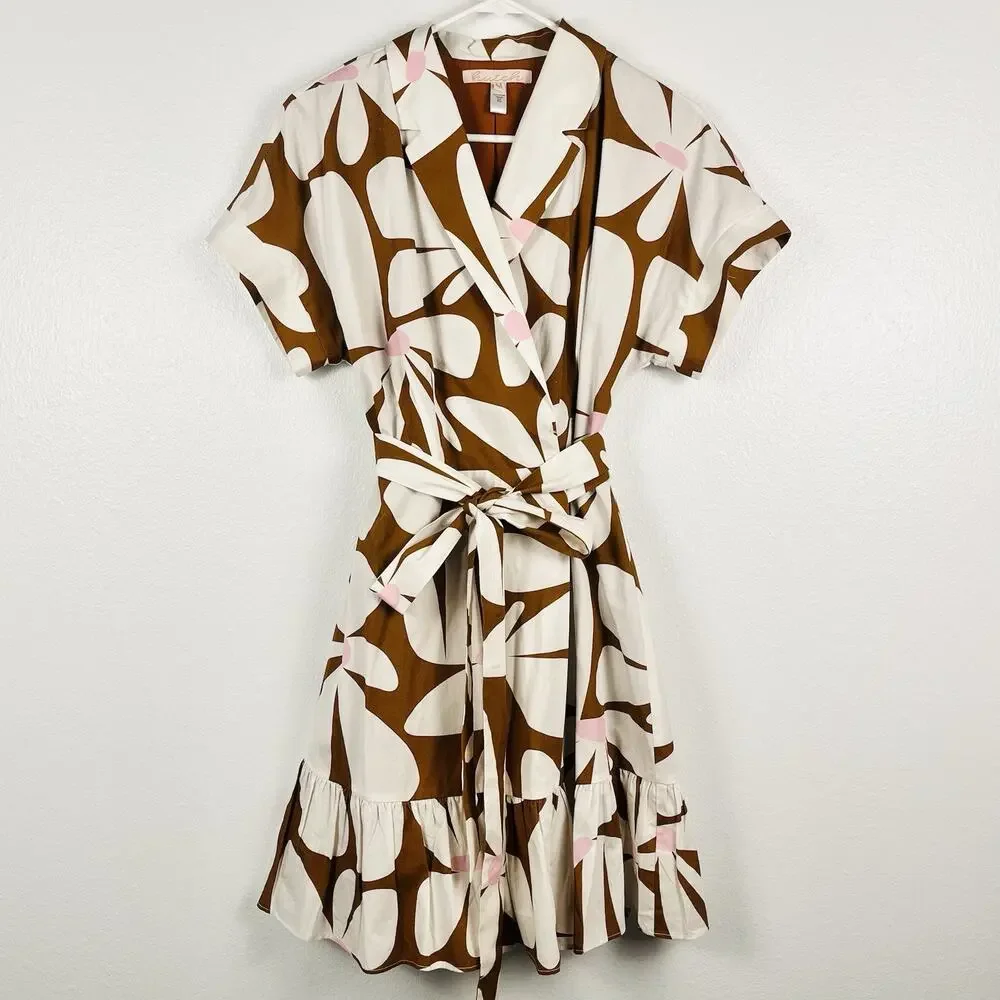 Anthropologie Hutch Brown Floral Wrap Mini Dress with Cream & Pink Accents - Picture 2 of 7
